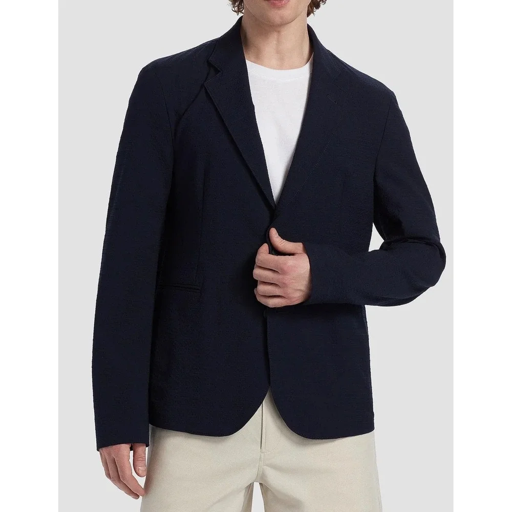 Emporio Armani Mens Navy Blue Textured Pique Knit 2-Button Blazer Sport Coat